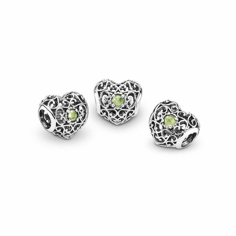 Pandora August Signature Heart Charm with Peridot Birthstone Silver Egypt AZ3504291